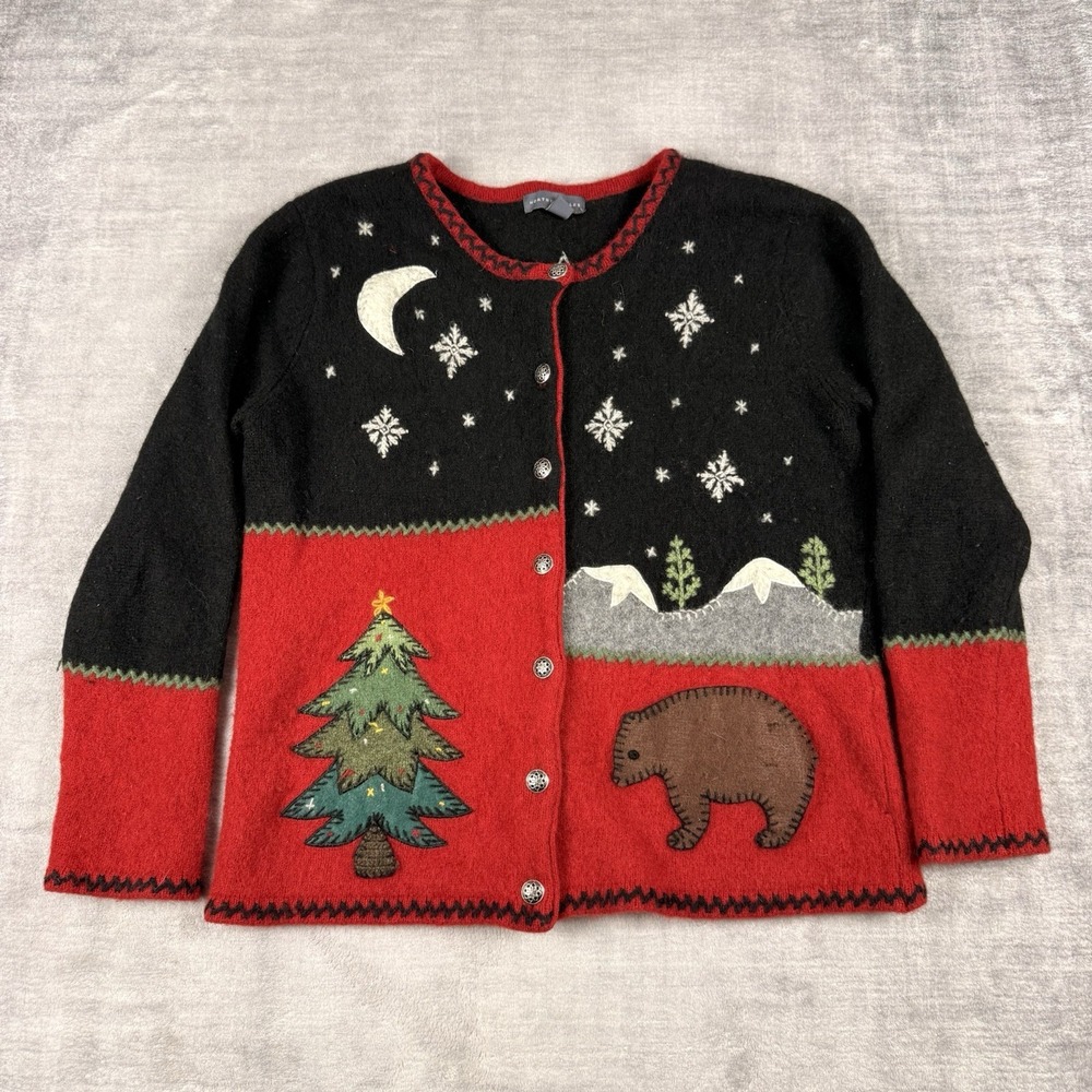 Northern Isles Sweater Womens Large Black Wool Cardigan‎ Winter Christmas Nature